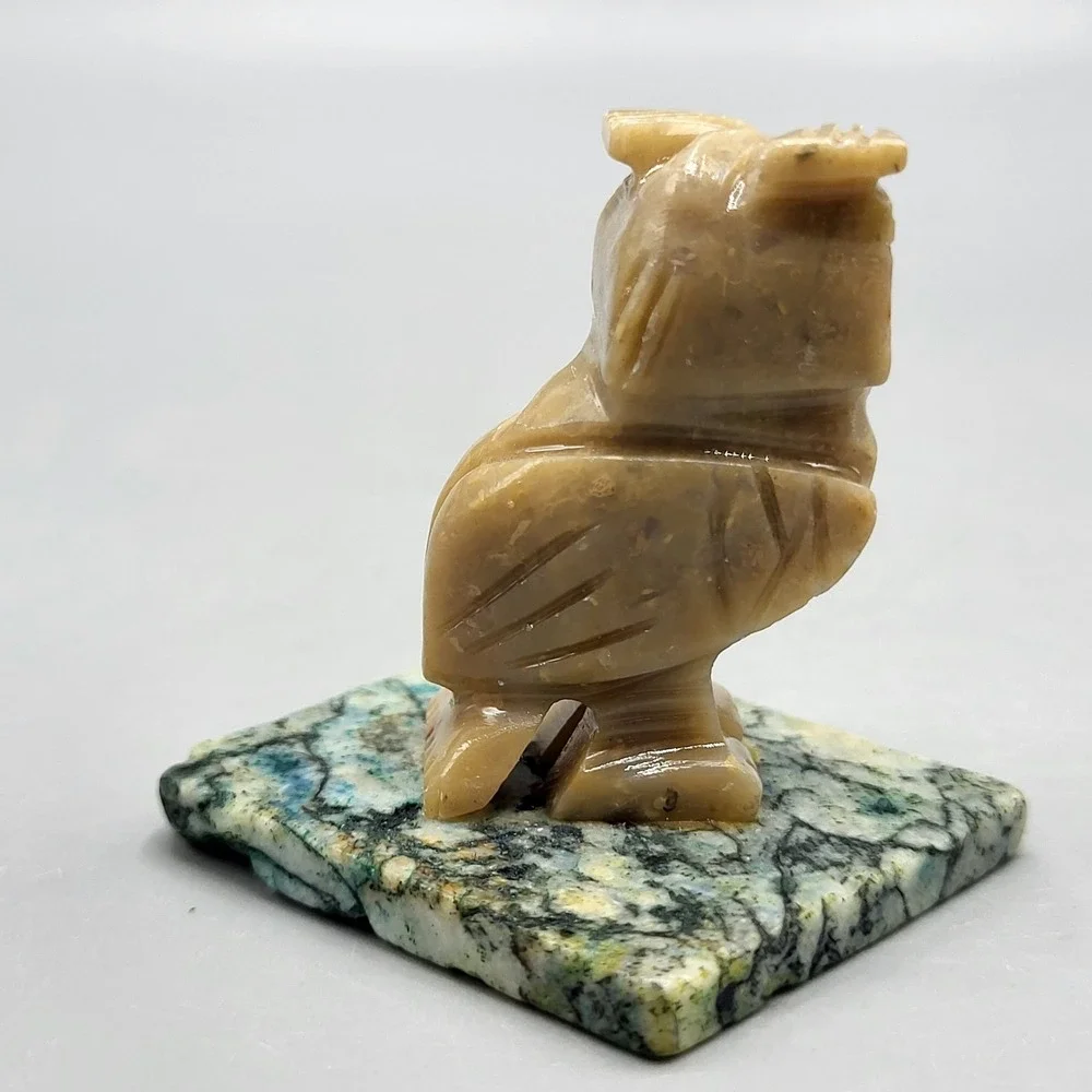 Hand Carved Stone Owl Figurine Blue Eyes Marbled Base Tan Green Shelf Decor